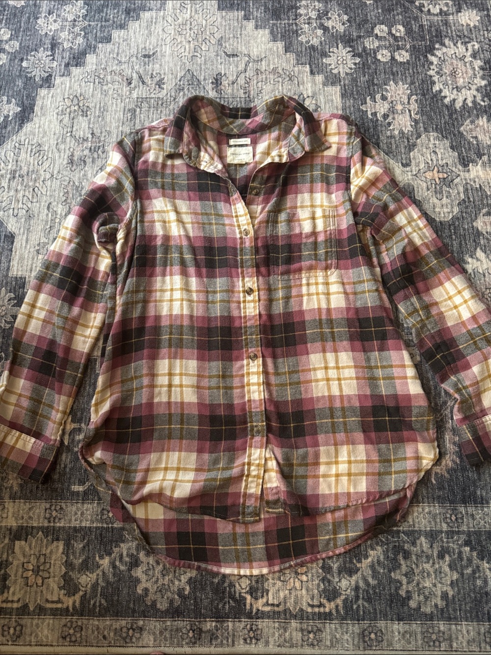 American Eagle Outfitters Plaid Button-Down Shirt in Pink, Olive, and Cream